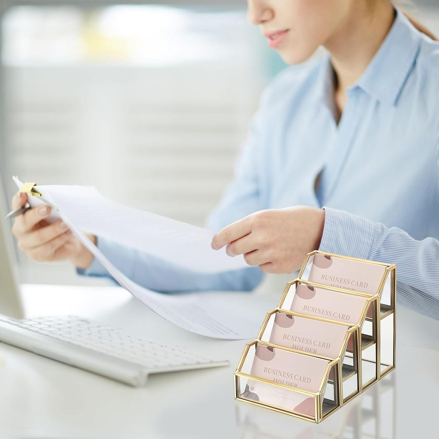 Hipiwe 4 Slots Glass Business Card Holder for Desktop, Gold Mirrored Business Card Display Stand, Multiple Clear Business Name Card Organizer Holder for Office Exhibition