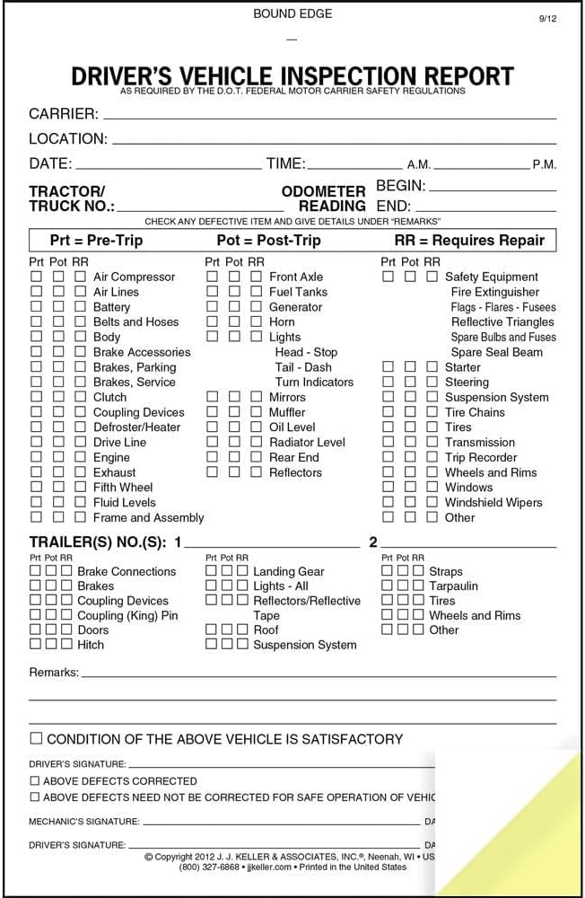 J. J. Keller Detailed Driver's Vehicle Inspection Report (Pre- & Post-Trip) Meets FMCSR Requirements, Book Format with 31 Sets, 2-Ply Carbonless, 5.5" x 8.5", 5 Pack