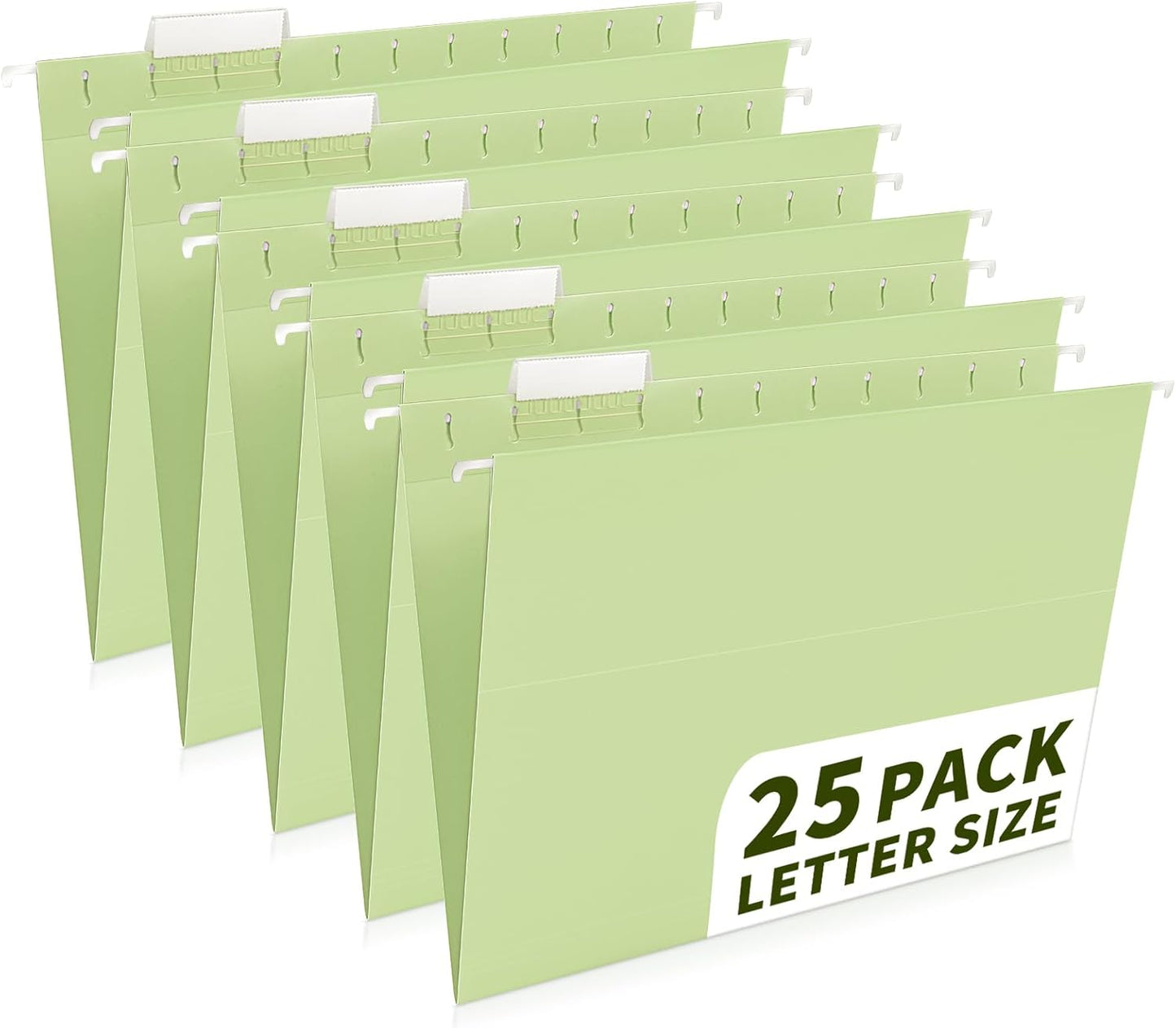 25-Pack Green Hanging File Folders, Letter Size (8.5" x 11") with 1/5-Cut Tabs,Includes 35 Transparent Label Cards & 50 Sticker Labels for Home & Office Organization
