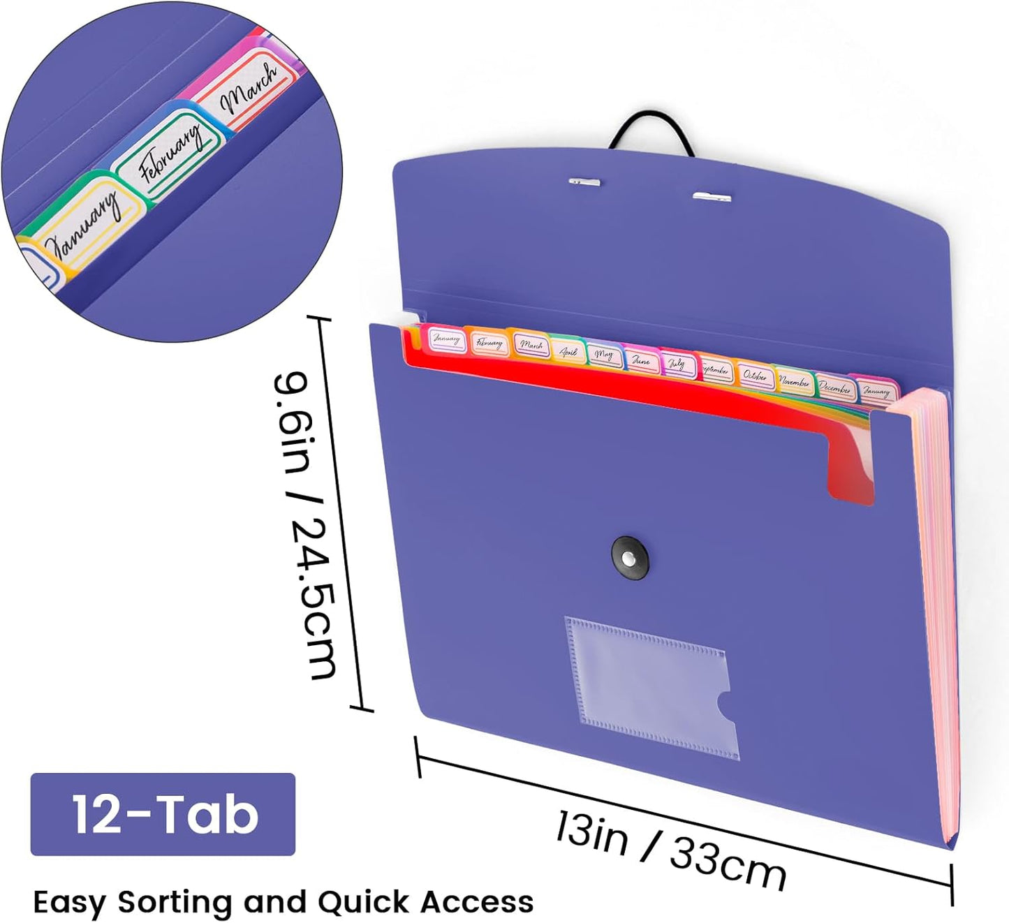 13 Pocket Accordion File Organizer with Elastic Closure, Expanding File Folder for Letter Size A4 Papers, Ideal for Home, Office Supplies, College Essentials - BluePurple
