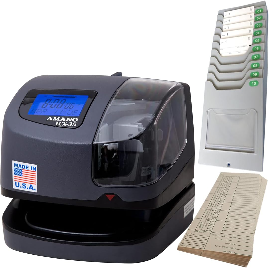 AMANO TCX-35 Time Clock Starter Pack, Includes Card Rack and 100 Time Cards, Electronic Punch Clock for Small Business, Made in USA (Bundle)