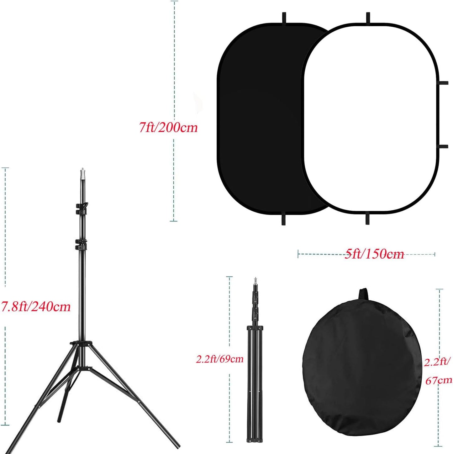 5x7ft/1.5x2m Chromakey Black White Backdrop with 7.8ft/2.4m Stand, 2-in-1 Reversible Collapsible Pop-Up Black White Screen Background Panel for Photography Studio, Live Streaming, Video Shooting