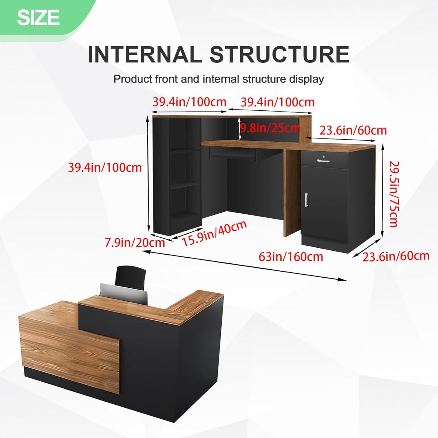 Modern Reception Desk with Counter and Drawer Office Front Desk with Cabinet Wooden Commercial Reception Table Checkout Counter for Retail Salon Lobby Black and Wood Right 63inch/160cm
