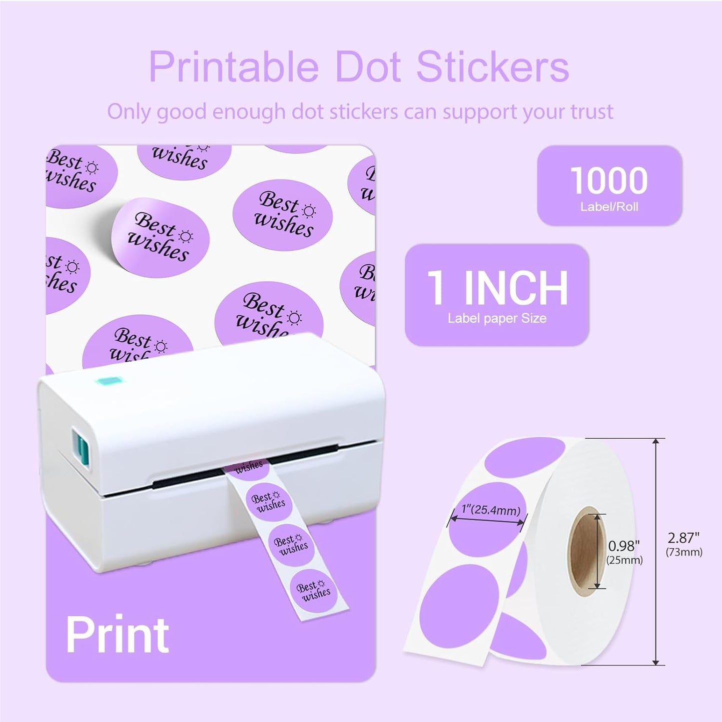 1 Inch Circle Dot Stickers 1000 PCS Color Coding Thermal Labels Dots Writable Printable Small Round Stickers for Office, Classroom, Inventory, Garage, Organizing Storage, Light Purple