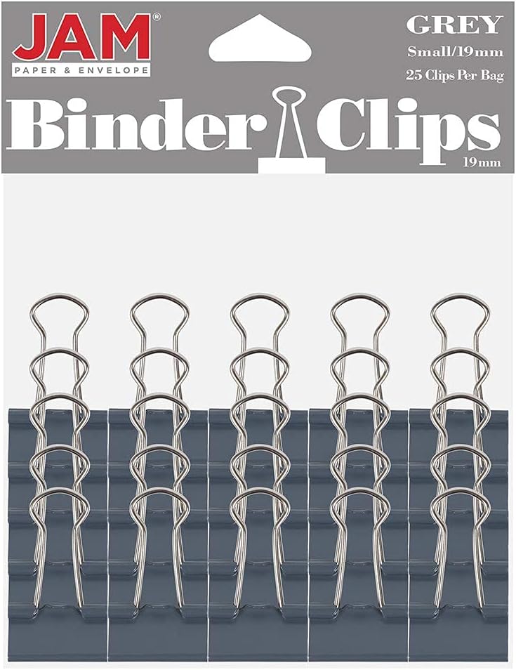 JAM PAPER Colorful Binder Clips - Small - 3/4 Inch (19 mm) - Grey Binderclips - 25/Pack