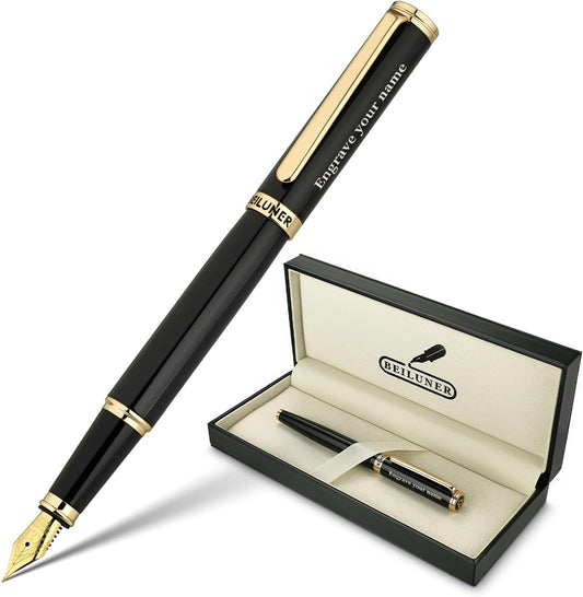 BEILUNER Black Personalized Fountain Pen,Stunning Luxury Lacquer,24K Gilded Nib(Fine),Gorgeous 24K Gold Finish, Ink Converter,Fancy Office Gift for Men&Women-Elegant, Graduation,Nice Pens for Writing