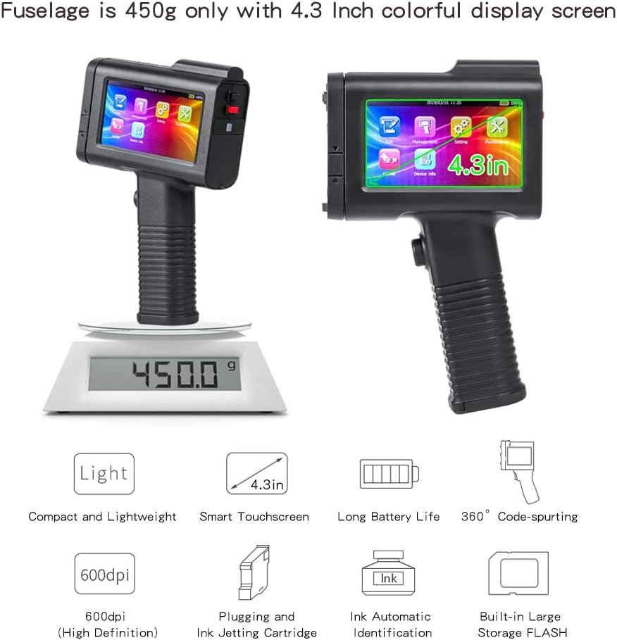 Handheld Inkjet Printer HH6105B2 with bt-2580P Black & LED Touch Screen for Code Variable Data QR Logo Serial on Multi Surface,Expiration Date Printer (Support 17 Languages) (0.5inch/B2)