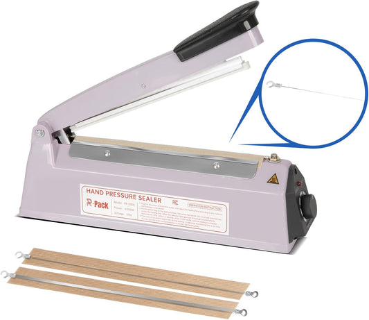 Impulse Heat Sealer with Cutter, Heavy-Duty Bag Sealing & Cutting Machine, 2 Extra Replacements（Purple, 8inch）
