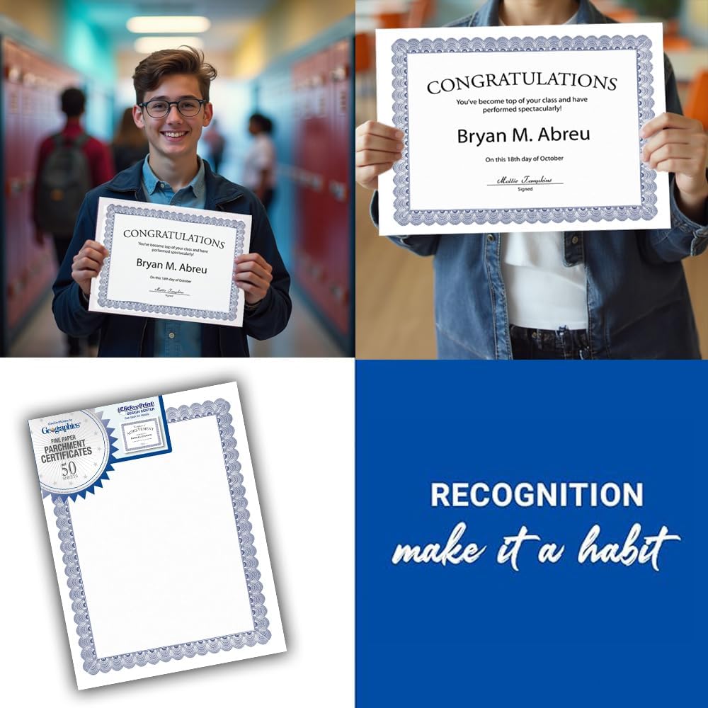 Blank Parchment Award Certificate Paper, 8.5 x 11", Elegant Blue Border Design (Pack of 50)