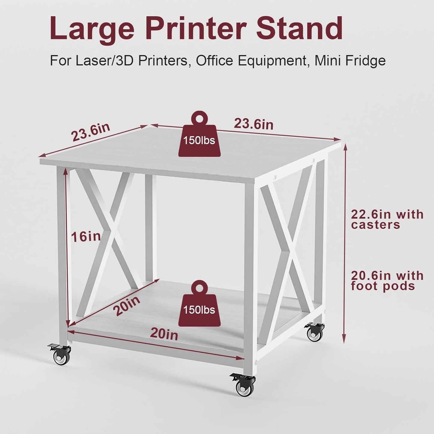 2 Tier White Printer Stand, 23.6 x 23.6 Inches Large Printer Table with Storage Shelf, Rolling Printer Cart with Wheels, Mobile Table for Home Office (White)