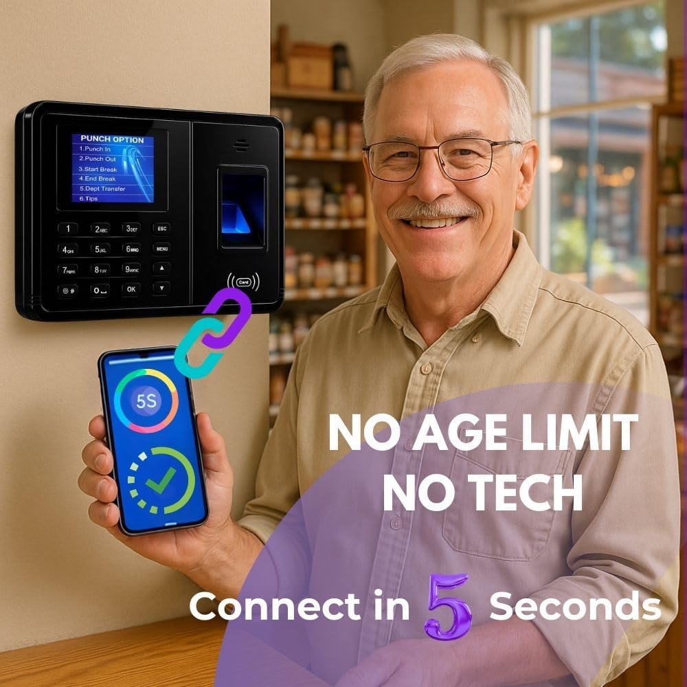App-Based Time Clock for Small Business with 10 IC Cards – Clock in Machine for Employee Fingerprint Attendance, Time Card Machine No Monthly Fee, iOS/Android Compatible