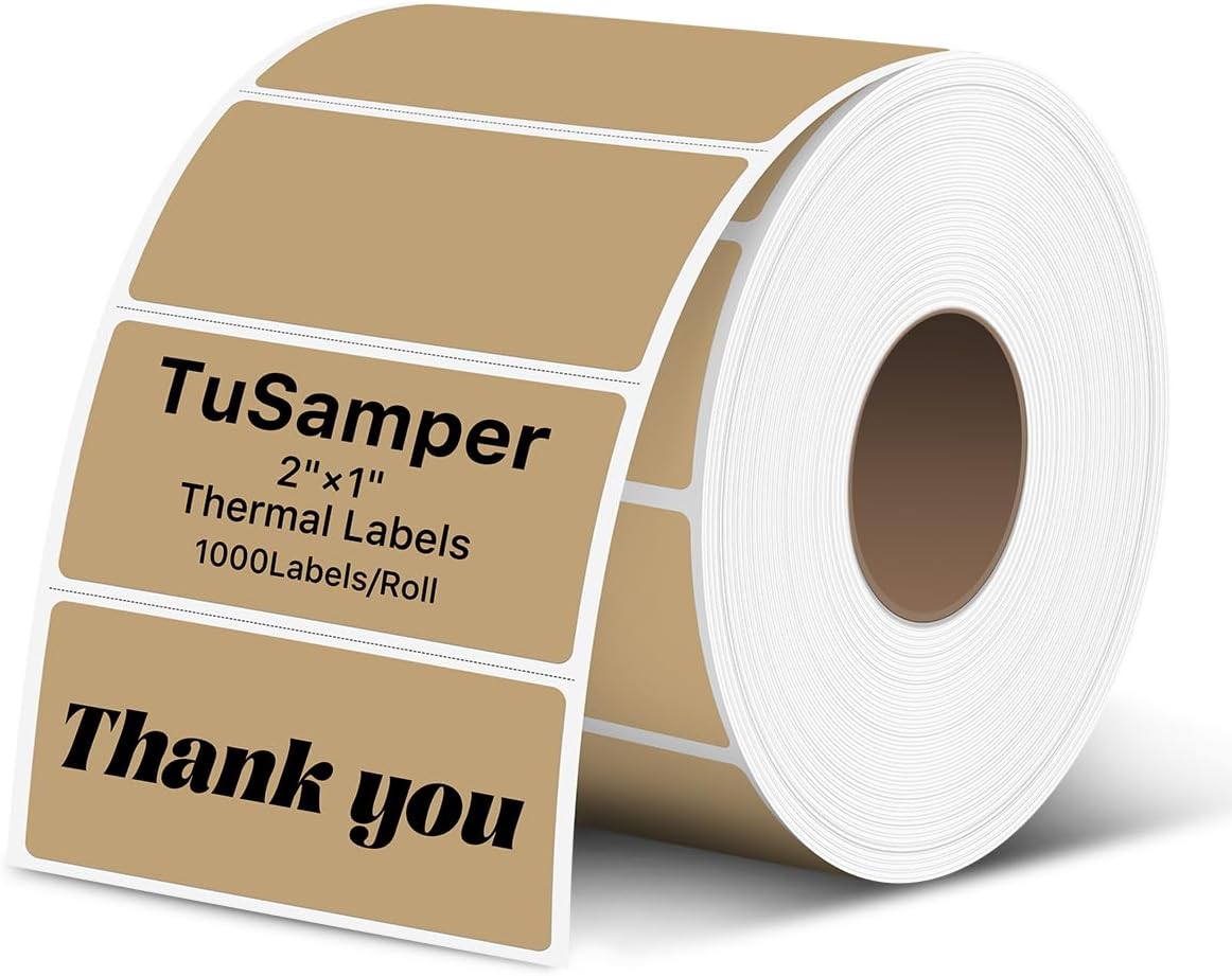 2×1 Inch Thermal Labels Sticker Self-Adhesive Label Paper Brown Direct Thermal Printer Stickers with Perforation Line 1000 Sheets/Roll