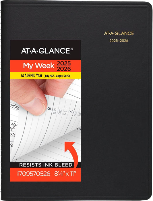 AT-A-GLANCE Planner 2025-2026 Academic, Weekly, Quarter-Hourly Appointment Book, 8-1/4" x 11", Large, Flexible Cover, Black (7095705)