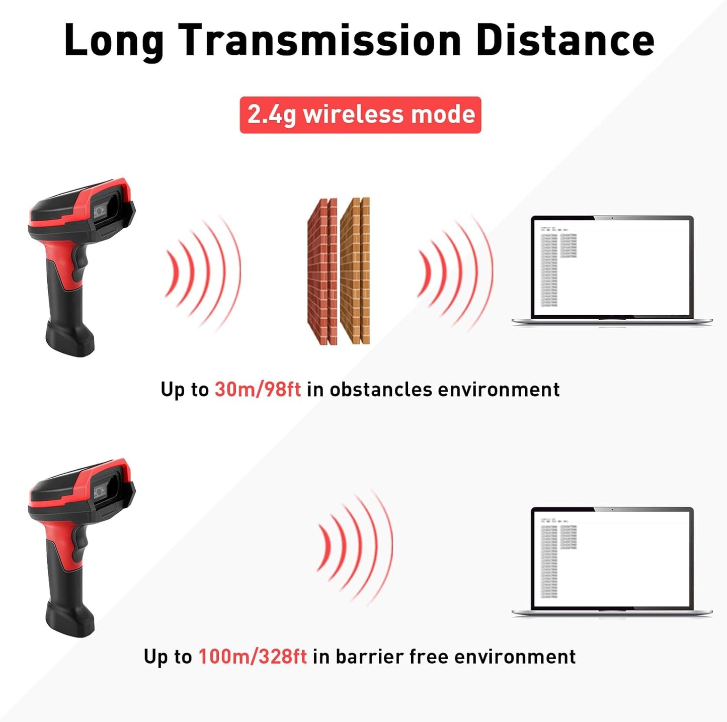Barcode Scanner Wireless, 1D CCD Automatic Bar Code Scanner with Display Screen, Rechargeable Handhold Barcode Reader with 2.4G Receiver & USB Wired Plug and Play (Red)