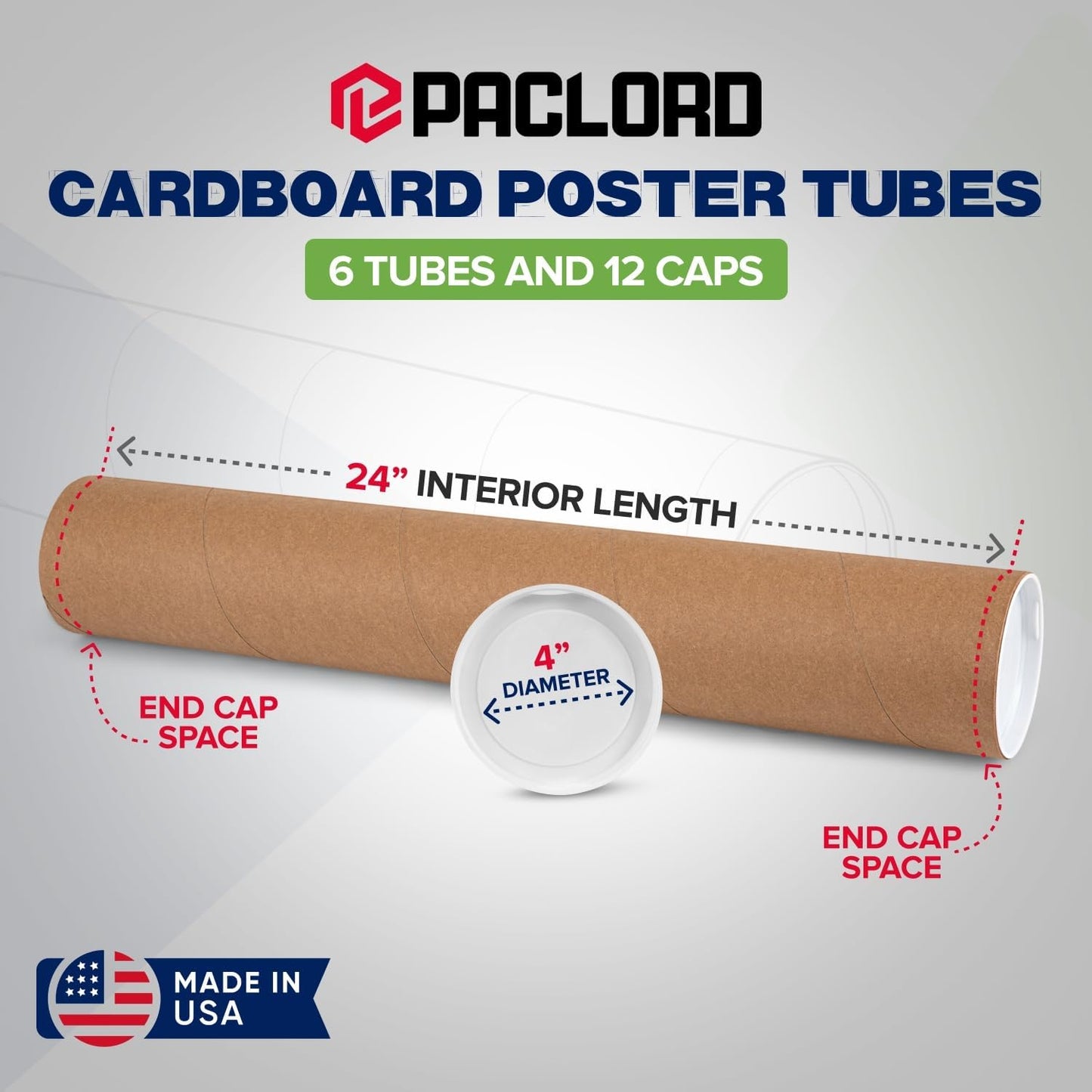 4" x 24" Reinforced Kraft Paper Mailing Tubes, Pack of 6 Tubes with 2 Caps Each – USPS Approved Poster Tube – Made in USA Cardboard Tube for Shipping and Storing Posters, Prints, Artwork, or Documents
