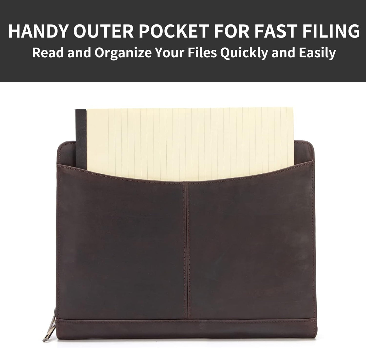 Genuine Leather Portfolio with Front Pocket for Men and Women, Zippered Padfolio Binder 8.5 x 11 Legal Pad Notebook Holder, Fits 13” Laptop, Professional Work File Case, Dark Brown