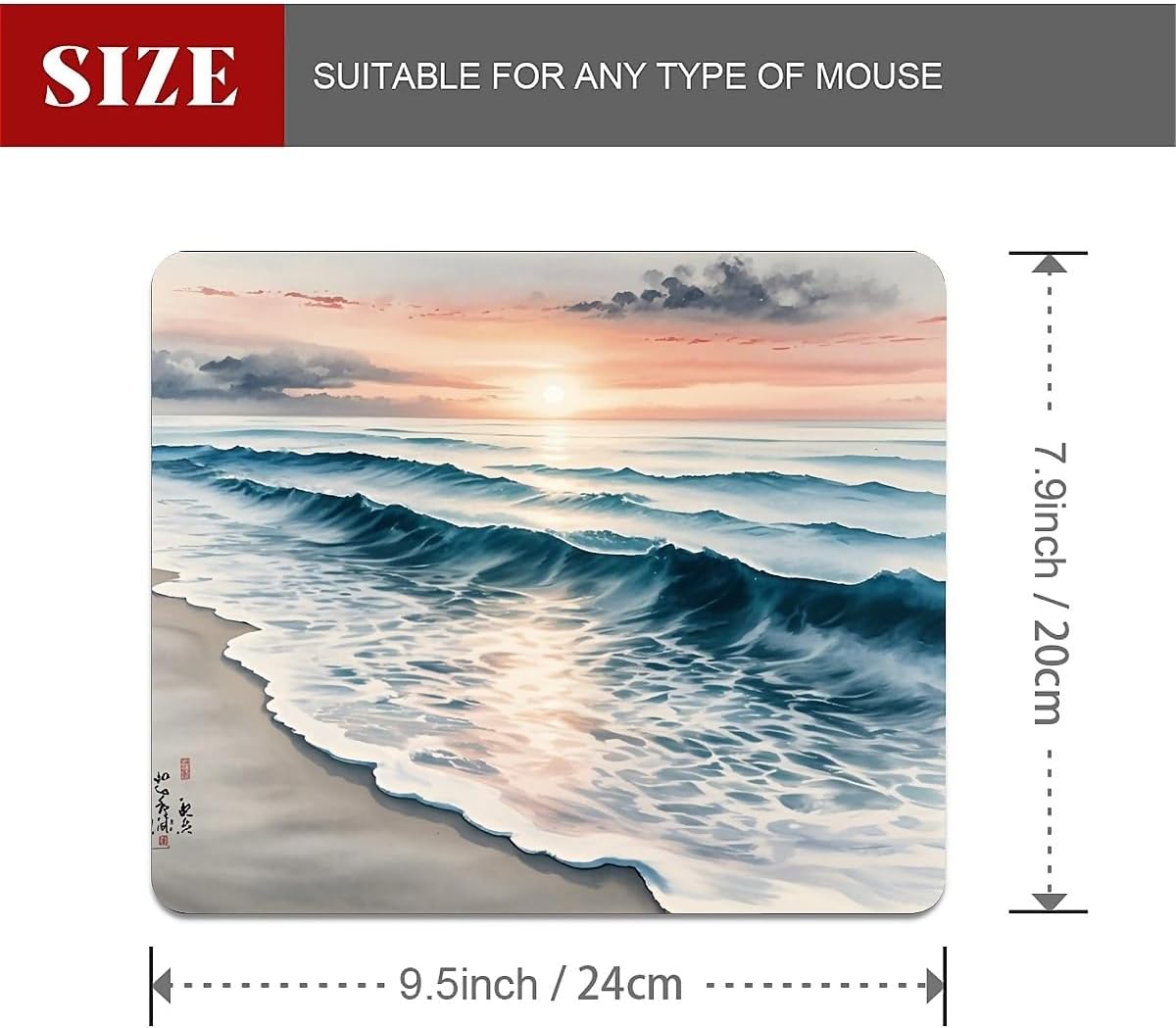 Beach Sunset Mouse Pad,Cute Mouse pad,Custom Small Mouse Pads with Designs,Portable Office Non-Slip Rubber Base Wireless Waves Mouse Pad for Laptop