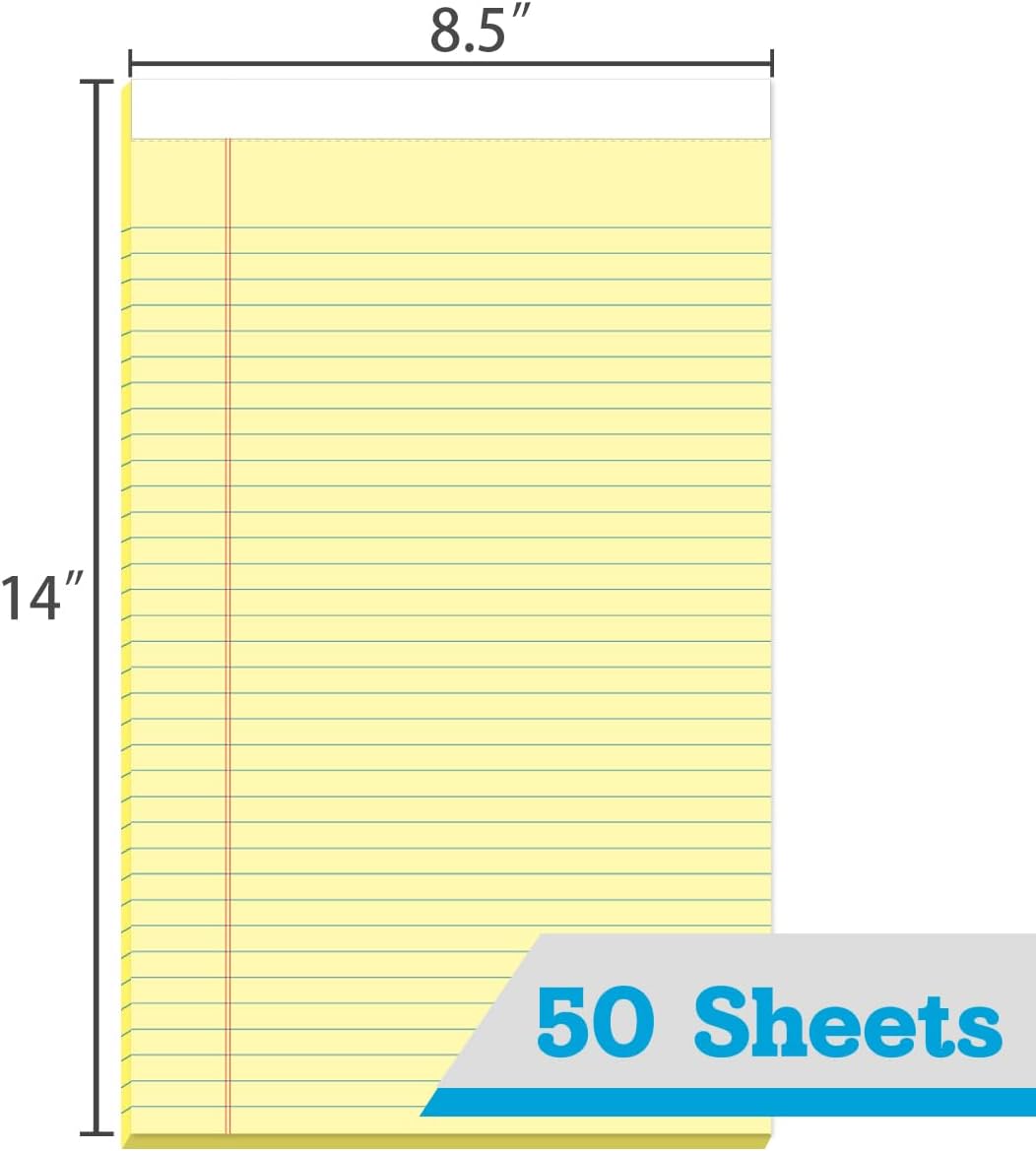 KAISA Legal Pads 8.5x14 inch Large Writing Pads Wide Ruled Notepads School Office Home Note Pads, Yellow 50 Sheets 12 Pads, WT-LCY50W