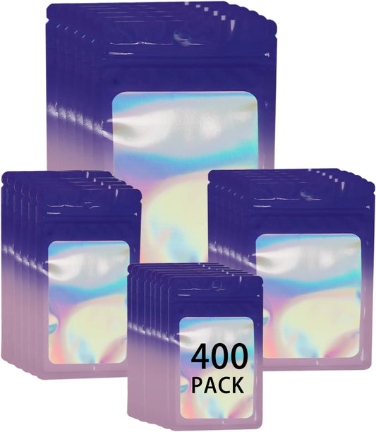 400 Pack 4 Sizes Resealable Mylar Holographic Bags Food Storage Smell Proof Bags with Front Window Foil Packaging Pouch for Sample Jewelry Small Business (Purple to Blue,3x4.7,3.1x5.5,4x 6,4.7x 7.9in)