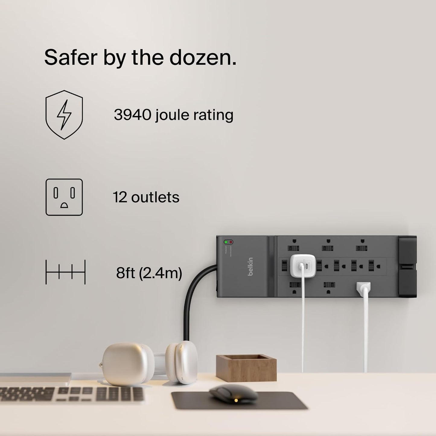 Belkin Surge Protector Power Strip w/ 12 AC Outlets & 8ft Long Flat Plug, UL-listed Heavy-Duty Extension Cord for Home, Office, Travel, Computer, Laptop, Phone Charger - 3,940 Joules of Protection