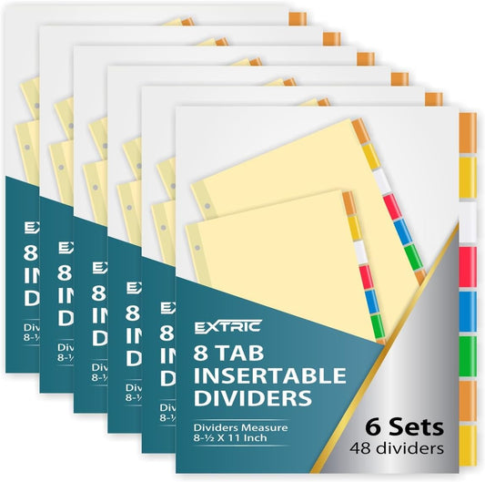 8-Tab Binder Dividers for 3 Ring Binder, Insertable Multicolor Big Tabs, Letter Size Paper Divider, 8.5 x 11 inch, 6 Sets (48 Dividers Total)