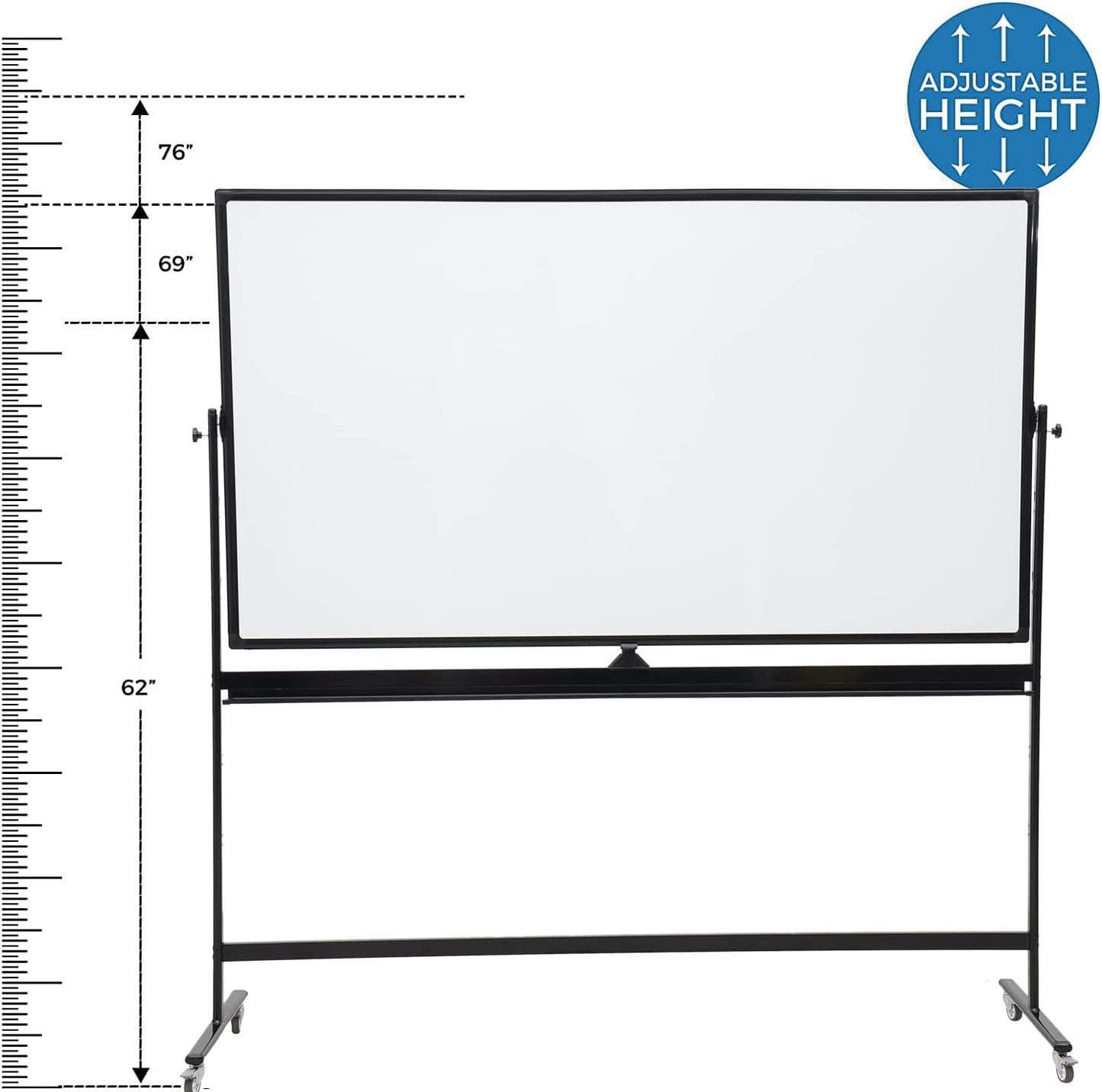 72" x 40" Height-Adjustable Mobile Whiteboard | Double-Sided Magnetic Dry Erase Board on 360° Rolling Stand | Large Reversible Black Whiteboard for Office, Classroom & Home