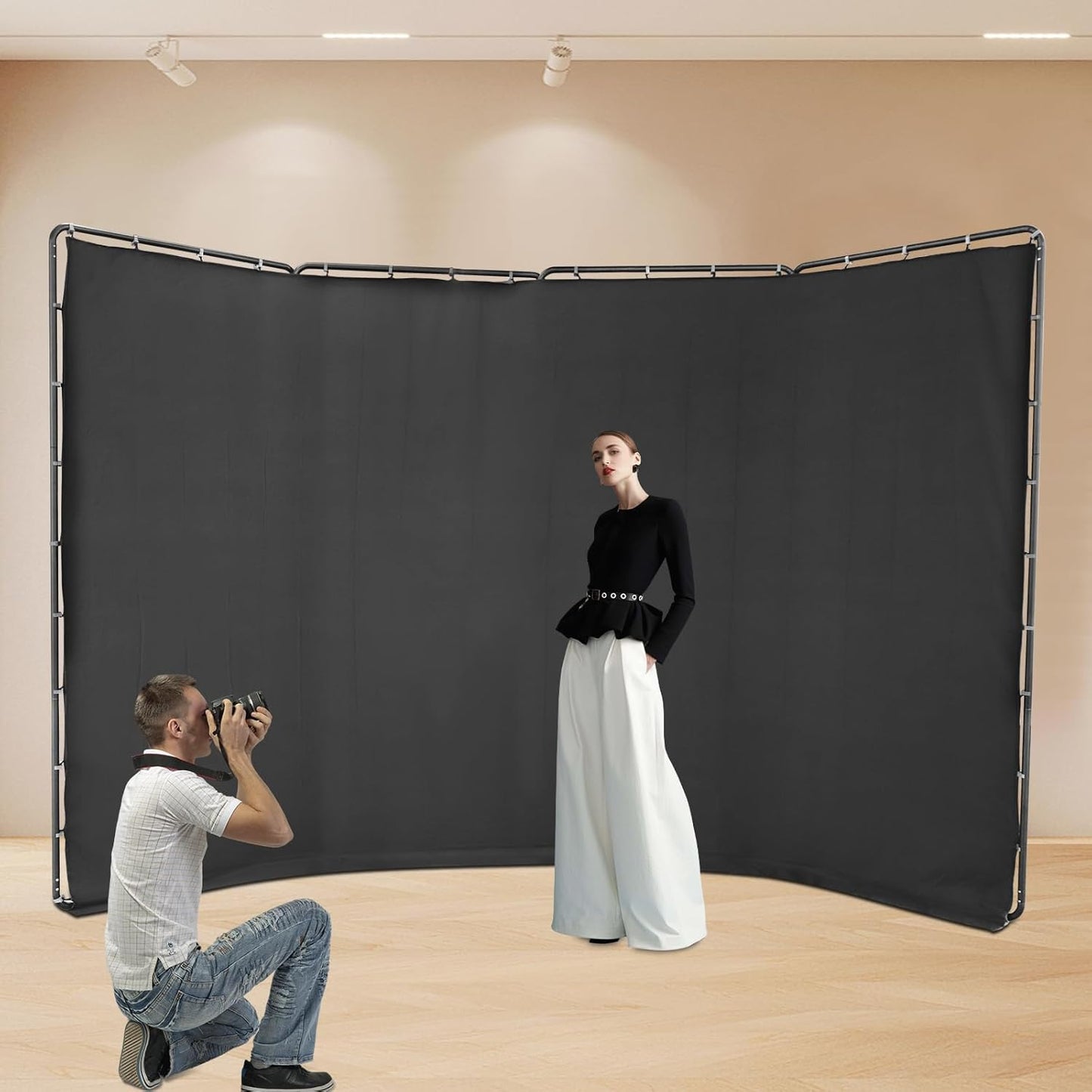 7.87ft x 13.12ft Large Green Screen Backdrop with Stand, Portable Foldable Photography Backdrops Large Collapsible Backdrop System for Photo Studio Video Shooting, Live Streaming (Black)