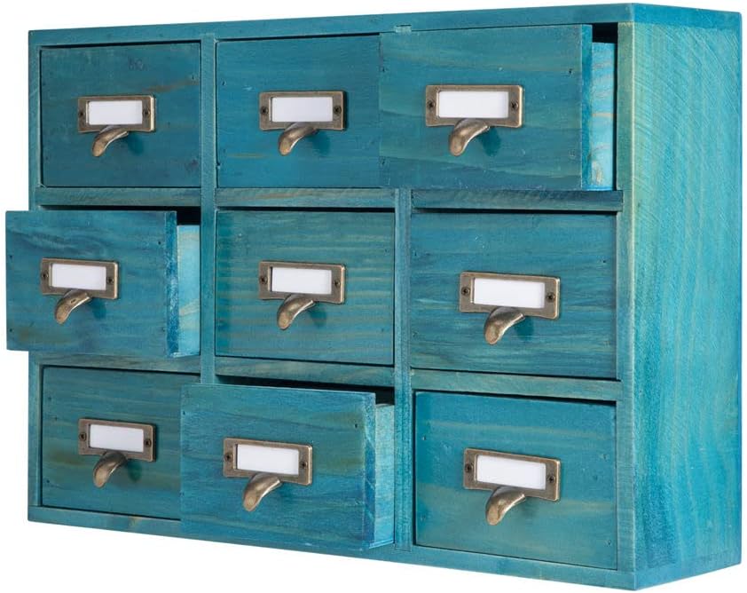9 Drawers Library Card Catalog Cabinet with Labels Apothecary Cabinet Tabletop Apothecary Chests and Cabinets Herb Storage Box Wooden Desk Drawer Organizer Medicine Vintage Furniture(Blue)