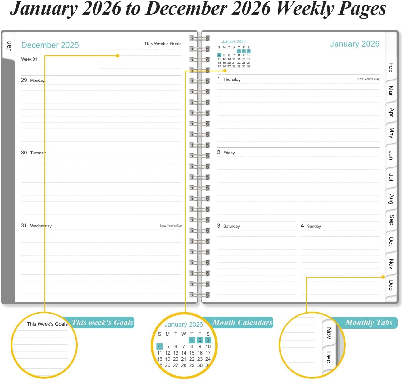 2026 Planner - Planner 2026 from January 2026 - December 2026, Weekly & Monthly Planner Spiral Bound with 12 Monthly Tabs, Inner Pocket, 6.4" x 8.5", Grey-E