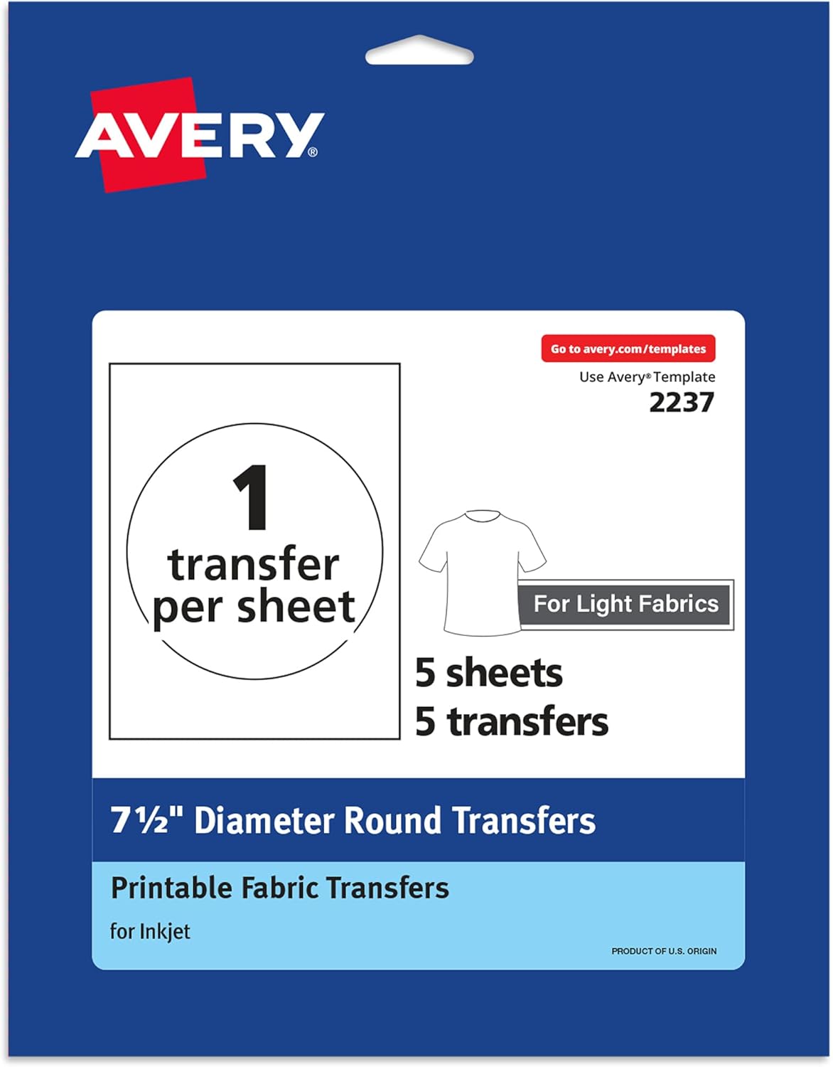 Avery Light Transfer Paper for T-Shirts, 7.5" Diameter Pre Die-Cut Iron-On Circle Transfers, Print-to-the-Edge, 6 Sheets of Heat Transfer Paper, 6 Total (02237)