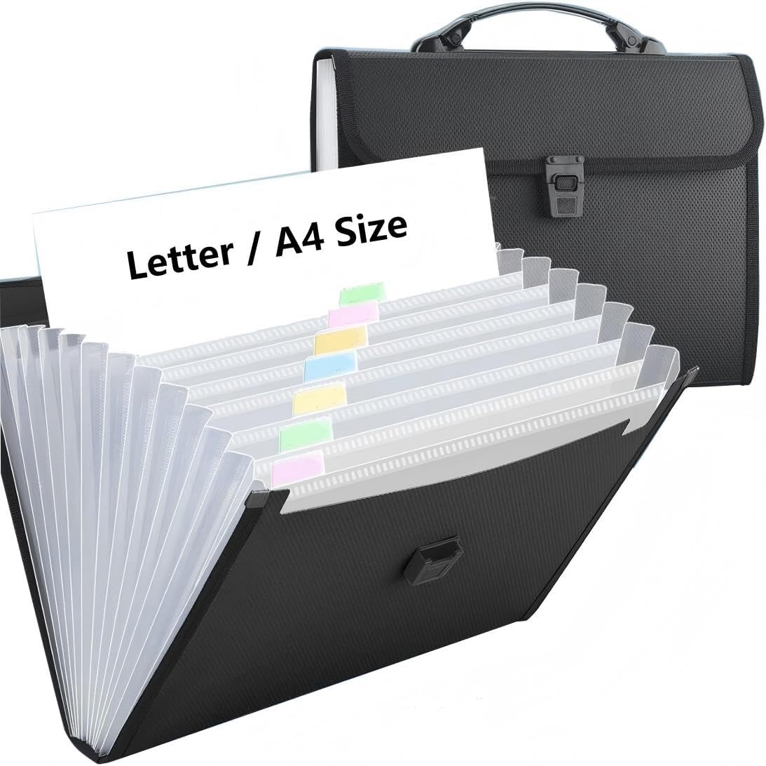 12 Pockets Letter Size/A4 Accordion File Organizer with Handle, TRANBO Expanding File Folder, Portable Paper Organizer, Expandable Plastic Document Organizer for Travel School Office - Black