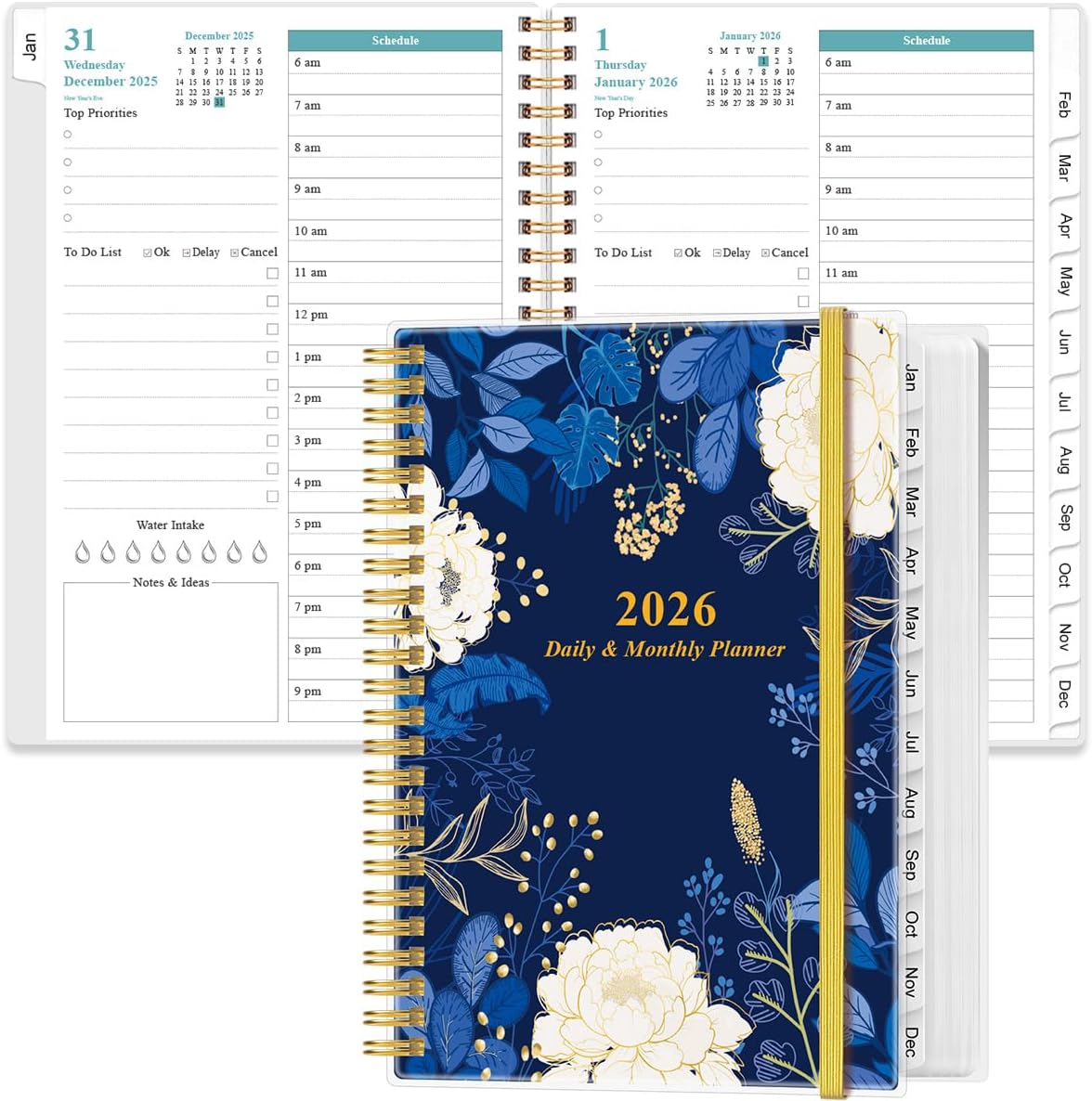 2026 Daily & Monthly Planner - One Page Per Day, Daily Planner 2026 from January 2026 to December 2026, Planner 2026 with 12 Monthly Tabs, 6.4" x 8.5", Blue Leaf