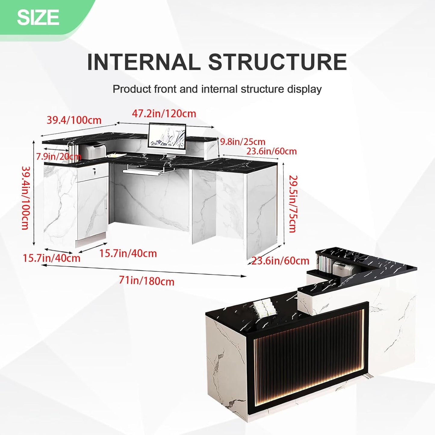Modern Reception Desk with Counter and Drawer Office Front Desk with Cabinet Wooden Commercial Reception Table Checkout Counter for Retail Salon Lobby White and Black Right 71inch/180cm