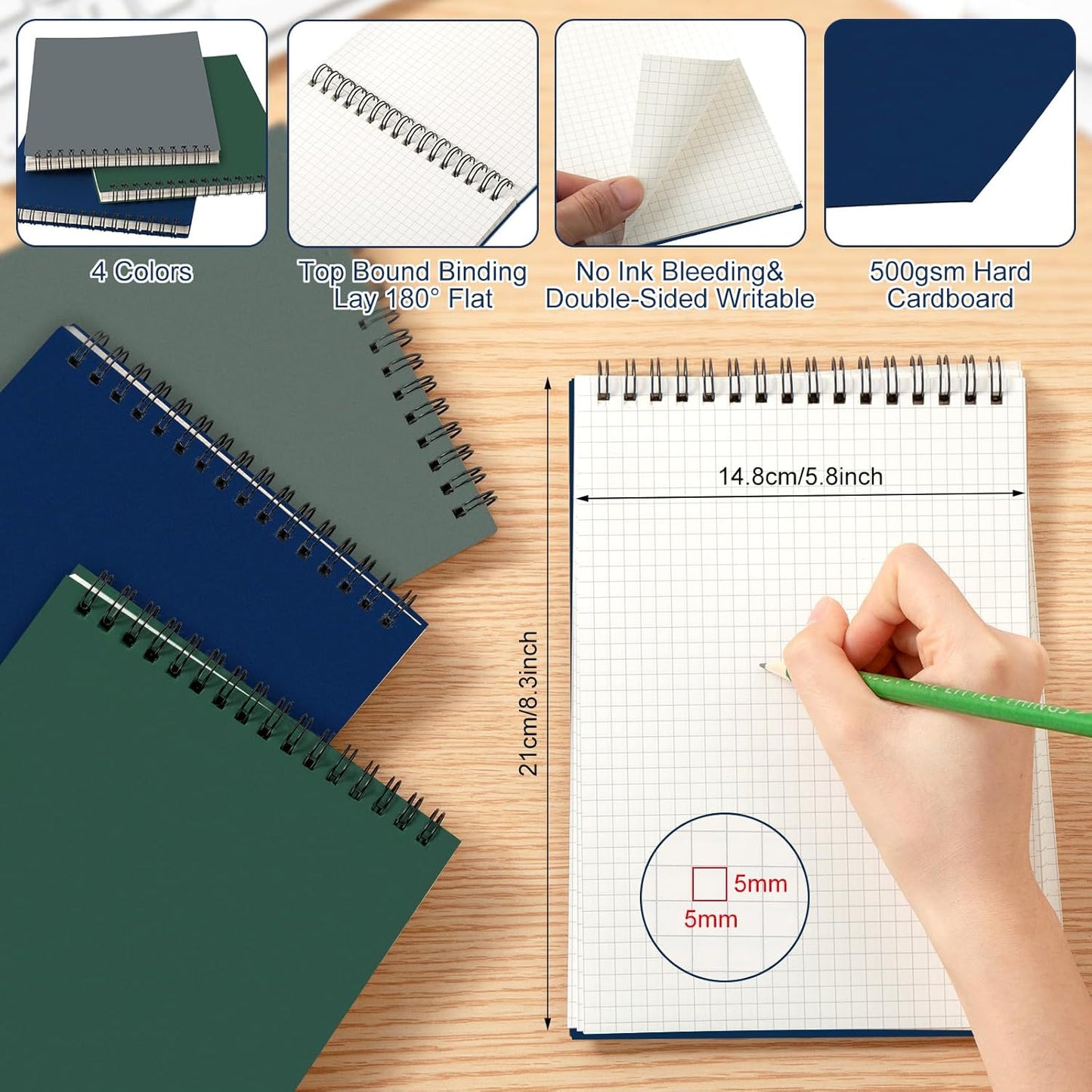 6 Pack Graph Paper Spiral Notepad A5 Top Wirebound Notepad Grid Notebook Steno Pads Memo Notebook Grid Paper 140 Pages for Writing Sketching Drawing Office Supplies (Dark Color)