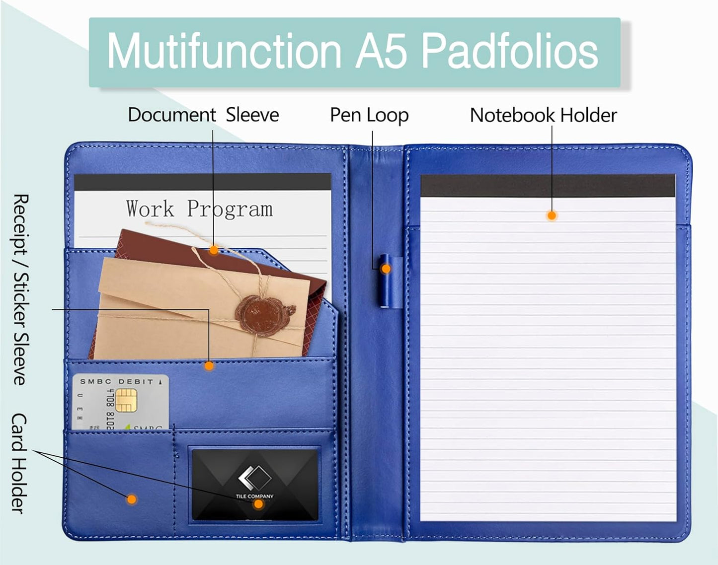 Leather Portfolio Binder 5 x 8, Mini Soft Leather Padfolio A5 Business Binder Legal Writing Pad Junior Size Document Organizer for Present Gift Kid Men Women Navy Blue