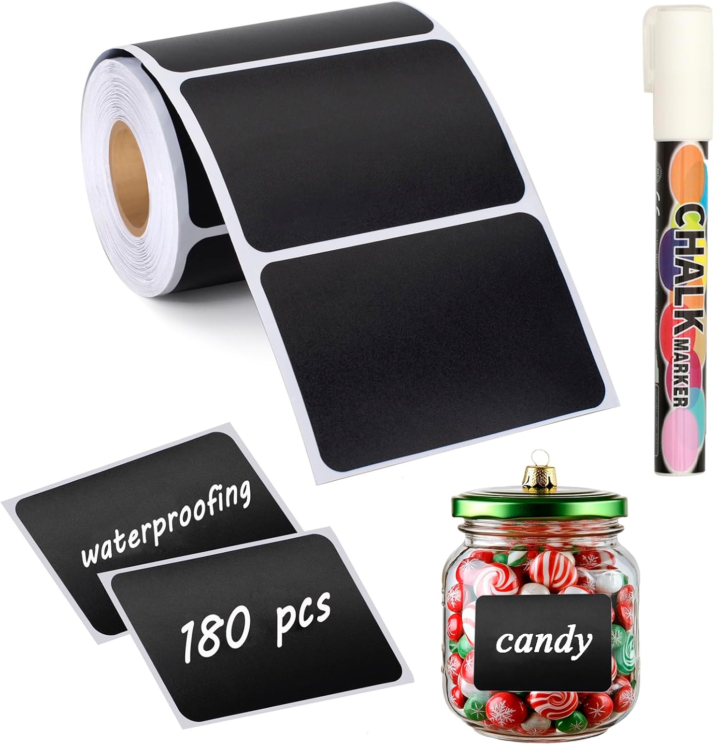 180 pcs Chalkboard Labels Sticker Reusable Blackboard Sticker with White Chalk Marker Waterproof Chalkboard Sticker Rectangle Chalkboard Labels for Containers, Mason Jars, Food Storage