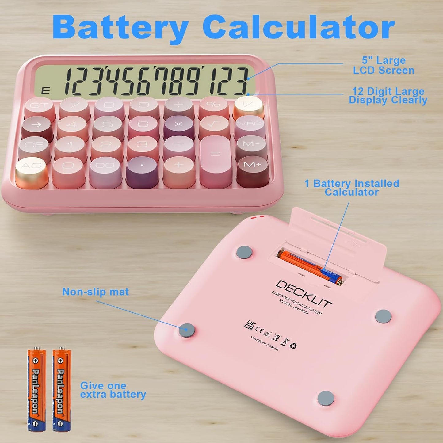 Mechanical Calculator 12 Digit Extra Large 5-Inch LCD Display, DECKLIT Battery Desk Calculator, Big Buttons Easy to Press Use as Office Calculators Desktop, 15°Tilt Screen for Kids Calculator(Rose)