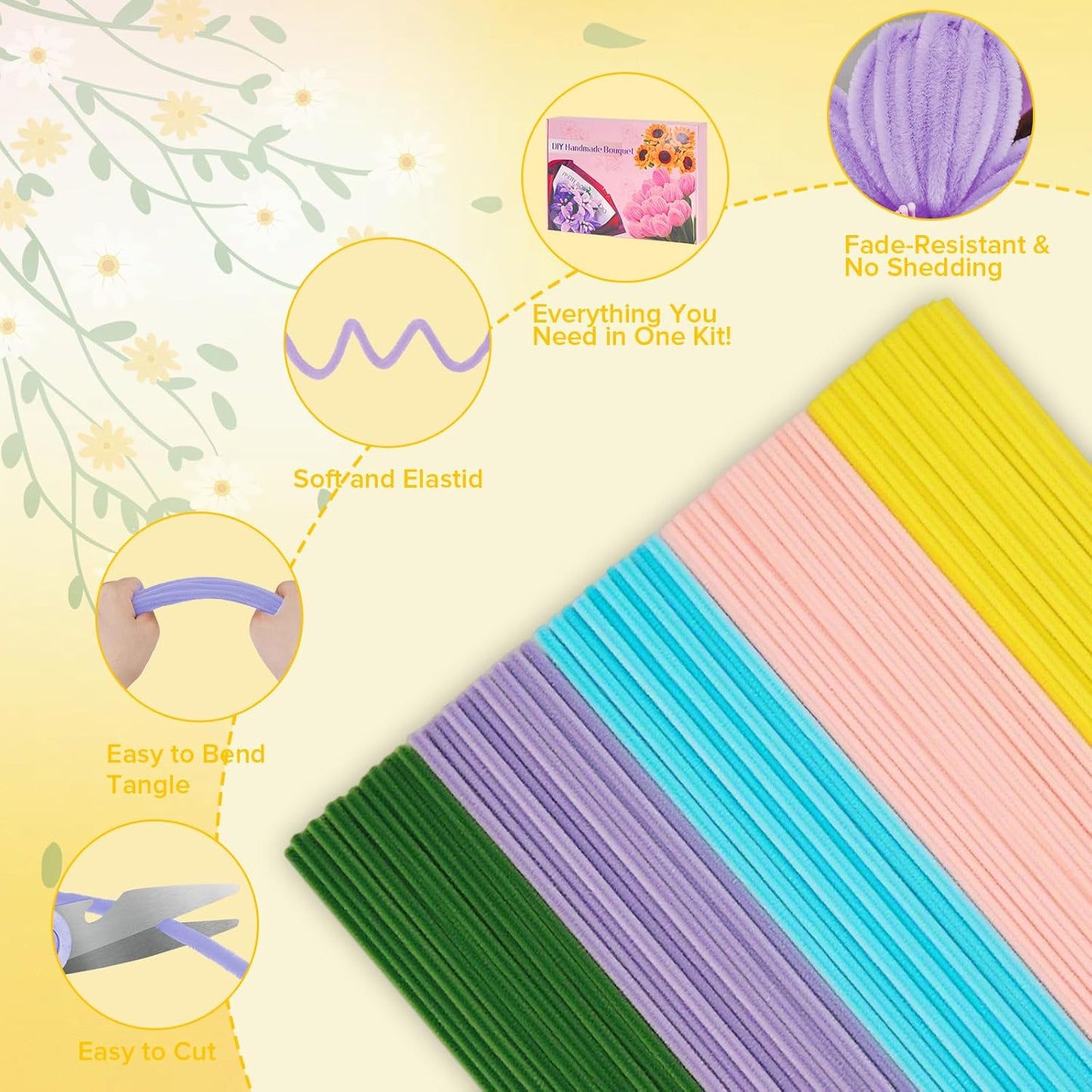 500 PCS Pipe Cleaners Craft Kit for Flower Making Daisy DIY Material Bundle with 20 Stems, 100 Stamens, Ribbon, Tulle, Glue Sticks & Step-by-Step Guide - Vibrant Colors, Non-Shedding, Fade-Resistant