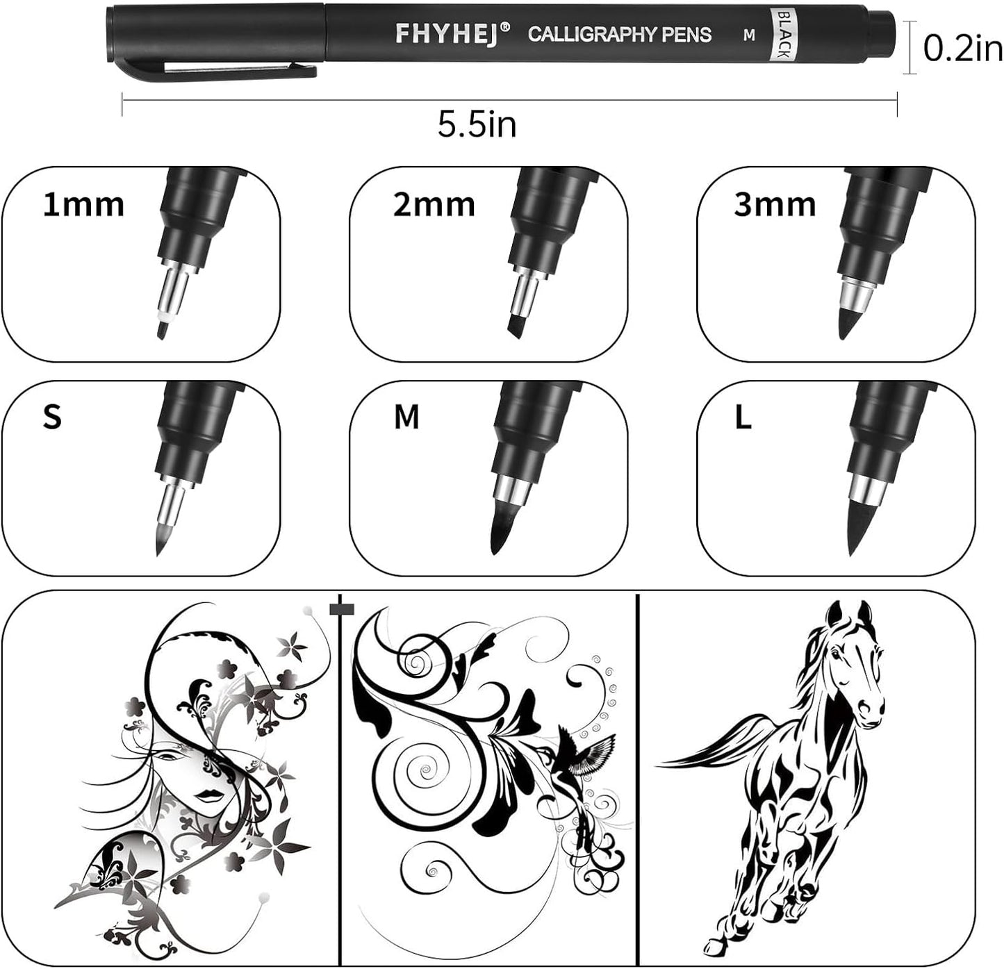 6-Size Calligraphy Pen Set for Writing, Drawing & Hand Lettering, Black Ink Brush Markers for Art, Calligraphy, and Sketching