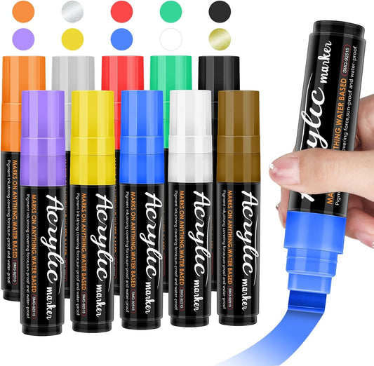 Acrylic Paint Markers, 10 Jumbo Colored Markers, 15mm Jumbo Felt Tip, Waterproof and Permanent Ink Paint Pens for Rock Painting, Stone, Ceramic, Glass, Wood, Canvas, Outdoor Paintings,Signs