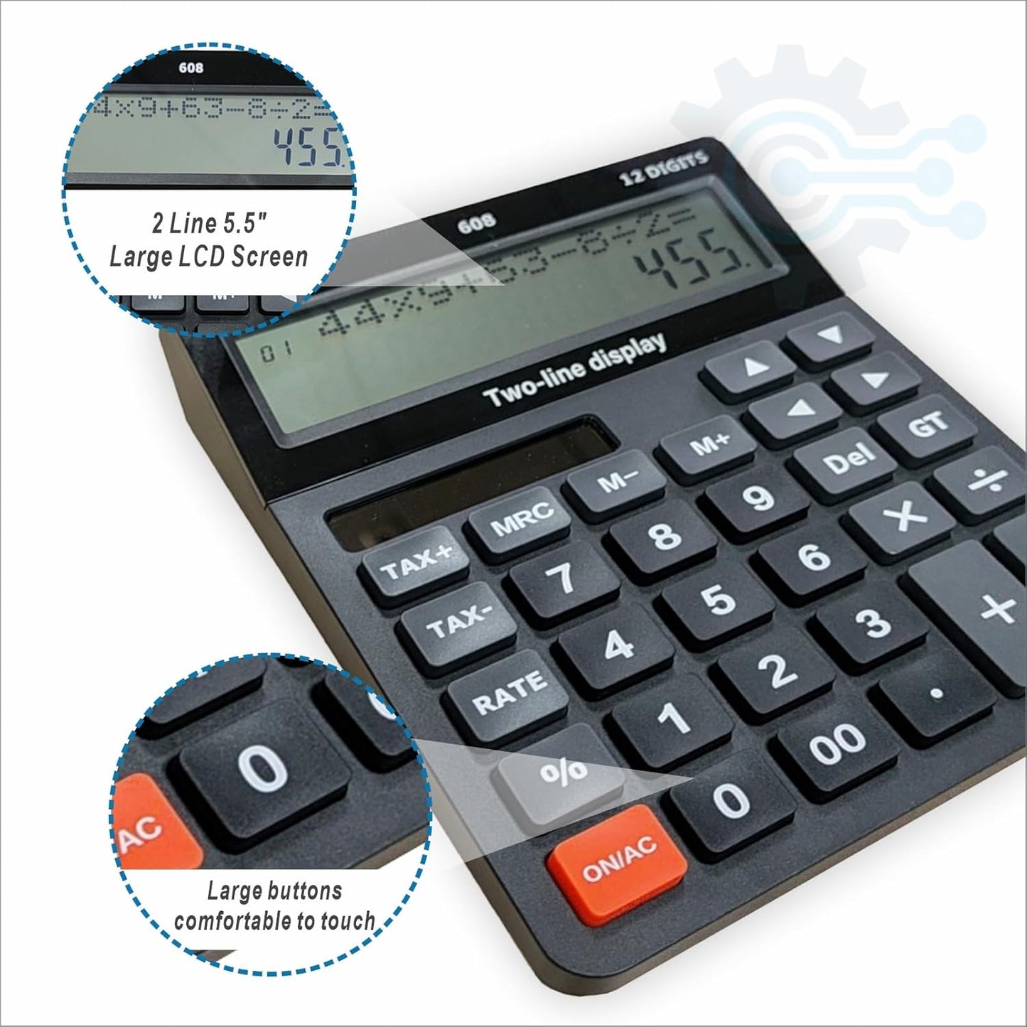 Battery and Solar Unique 120-Step Calculation Check Memory 12 Digit 2 Line Extra Large Calculator Big Buttons and 5.5" LCD Display, Configurable Tax Rate Financial Calculator for Tax Calculations