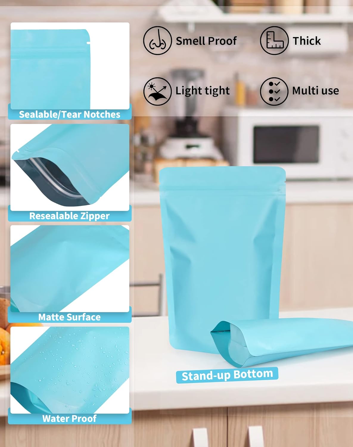 100 Pack Resealable Stand Up Bags,Smell Proof Pouch Sealable Foil Pouch Bags for Packaging (Blue, 4" x 6")