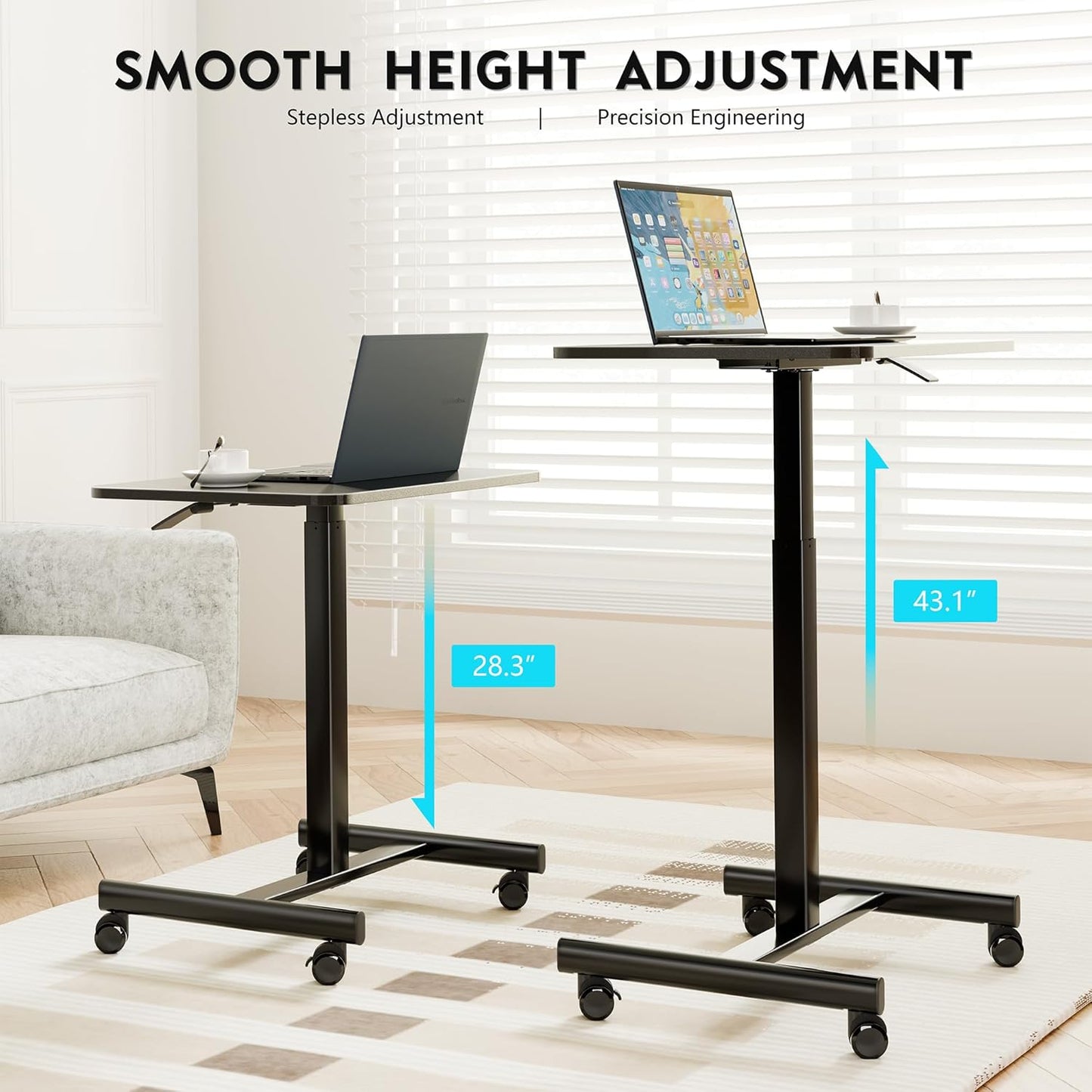 BONTEC Mobile Standing Desk Adjustable Height, Rolling Laptop Cart with Hook, Portable Workstation with Pneumatic Lift, Ergonomic Table with Wheels, Compact Home Office Desk, Black, 25.6" x 18.9"