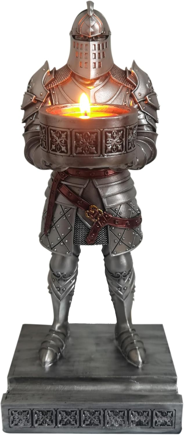 King's Guard Standup Knight Candlestick Holders Resin TeaLight Holder Warrior Mobile Phone Stand Pen Holder Candle Holder for Restaurant, Altar, Home Table(Silver)