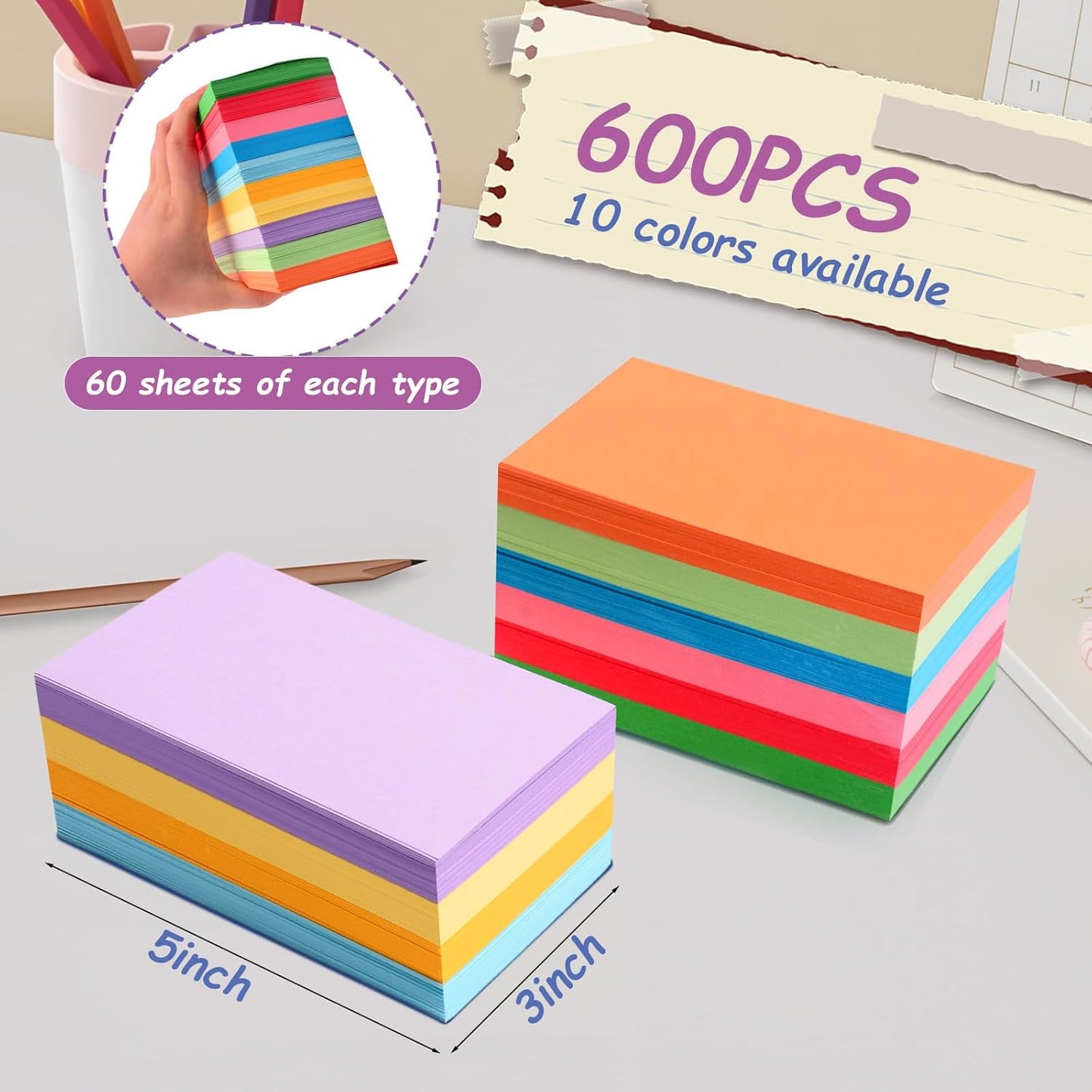 600 Count Colored Blank Index Cards, Unlined Index Cards 3x5，Flash Cards Learning Memo Scratch Pad, Heavy Notecards for Studying School Office Supplies