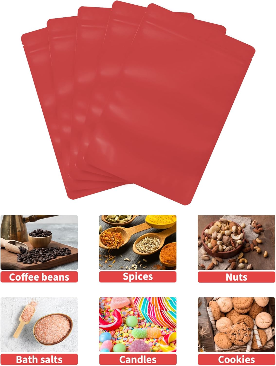 100 Pack Resealable Stand Up Bags,7.1" x 10.2" Smell Proof Pouch Sealable Foil Pouch Bags for Packaging (Red)