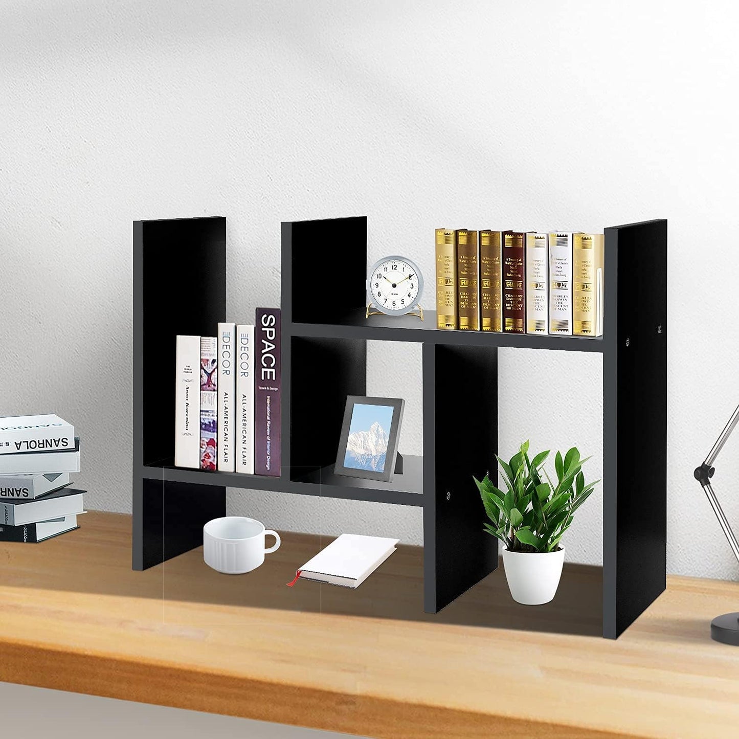 J.M.Deco Desktop Organizers and Storage for Office, Adjustable Desktop Organizer Shelf Double H Display, True Natural Stand Shelf, Black