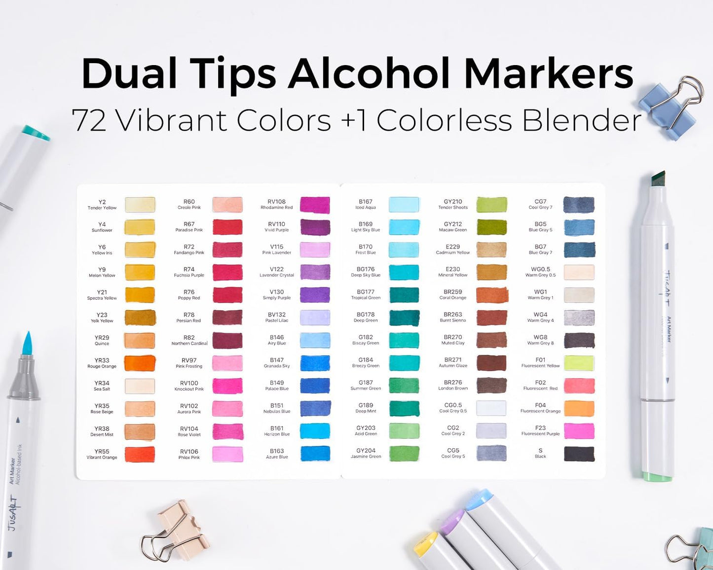 JusArt Alcohol Brush Markers, 72 Colors Dual Tip Art Markers with Brush & Chisel, Alcohol Based Marker Set for Adult Coloring Books, Drawing, Illustration, Sketching, No Bleed Ink Art Supplies
