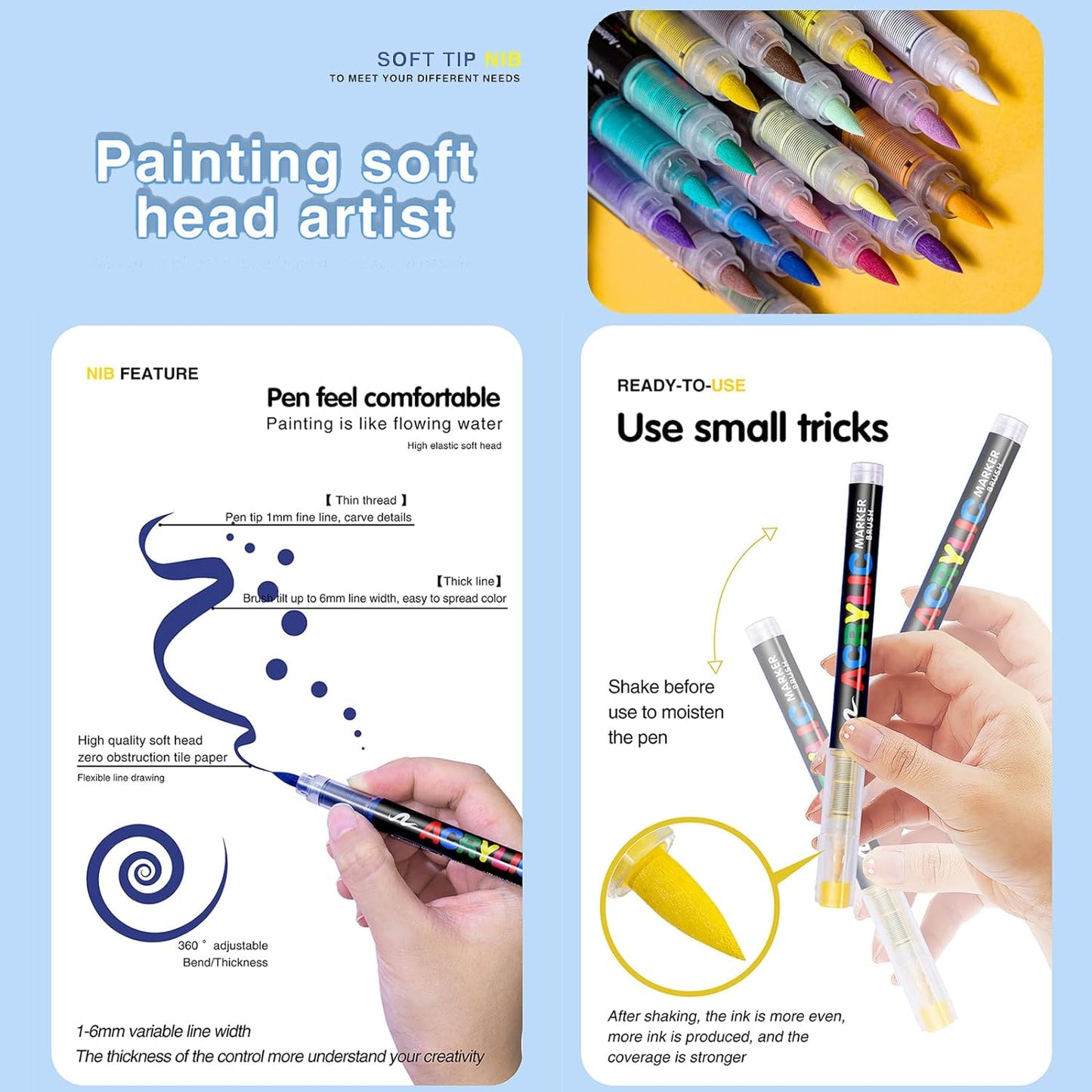 24 Color Paint Pens, Soft Brush Tip Acrylic Paint Markers, Quick-Drying Waterproof Markers for Canvas, Rock, Wood, Stone, Glass, Ceramic, Fabric Painting, DIY Crafts