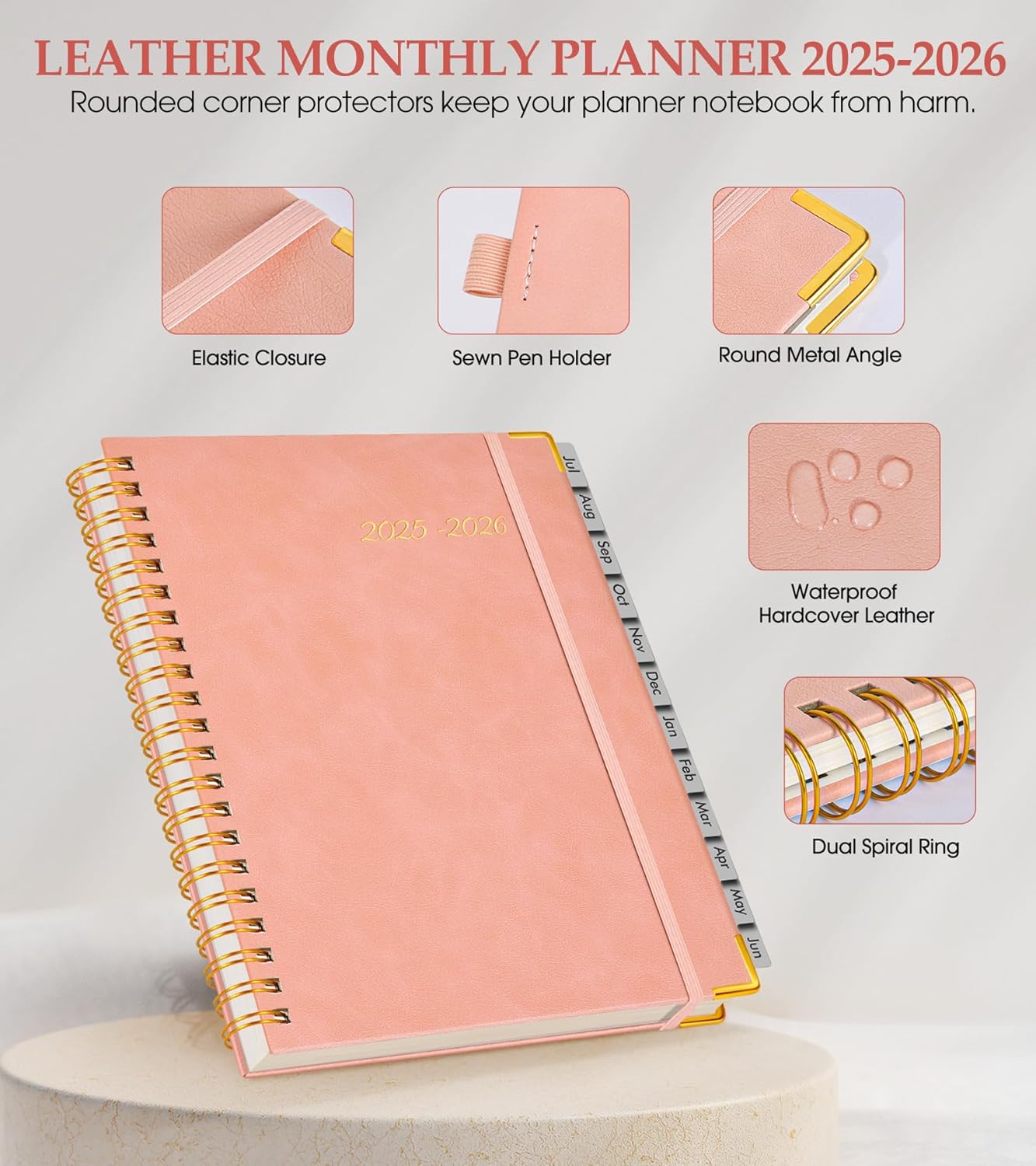 Academic Planner 2025-2026, Weekly and Monthly Calendar Planner from July 2025 - June 2026, 8.5" x 11" Hardcover Leather Hourly Appointment Book with Tabs, Spiral Daily Planners for College School Teacher Student, Pink
